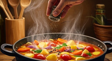 Seasoning Colorful Vegetable Stew in Black Pot – Fresh Cooking Scene with Spices and Kitchen Details