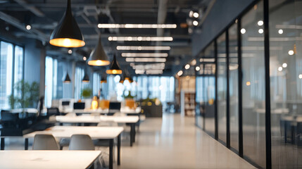 Blurred background of a modern open-space office interior with white tables and chairs, glass walls, pendant lights, and a business work environment concept