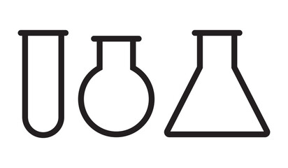 Minimal outline vector of science glassware including test tube, round-bottom flask, and conical flask. Perfect for educational icons, lab signs, or scientific illustrations.