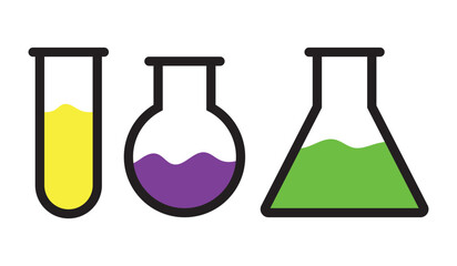 Colorful vector illustration of science lab glassware including test tube, round-bottom flask, and conical flask filled with liquid. Perfect for chemistry, lab, or science-themed designs.