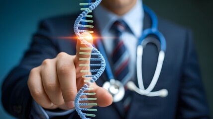 Doctor examining a glowing dna helix with a digital interface