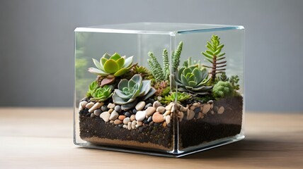 Miniature Succulent Garden in Glass Cube Terrarium