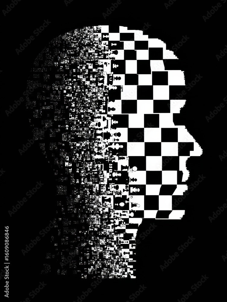 Poster classic chessboard transforms into human head shape with clean area on top, merging art and strategy