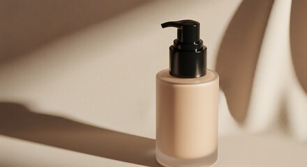 Frosted Glass Foundation Bottle with Pump Dispenser on Beige Fabric – Minimalist Makeup and Skin Tone Harmony Concept