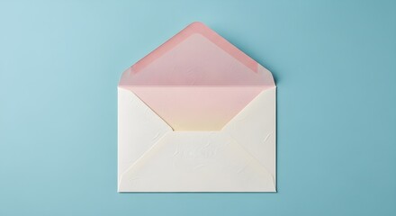 A top down view of an open white envelope with a pink interior on blue paper