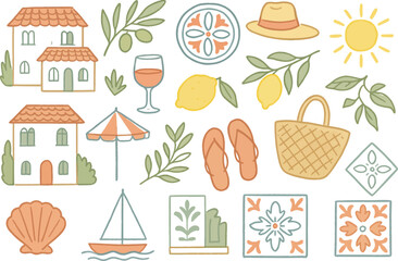 Hand Drawn Mediterranean Summer Vacation Illustration Set