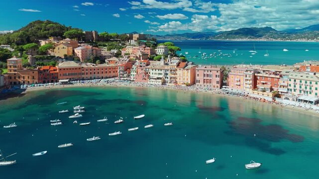 Aerial view of the picturesque resort town of Sestri Levante in Liguria, Italy