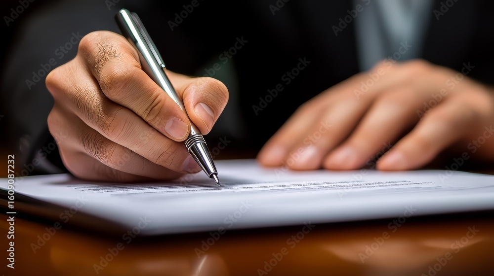 Poster businessman signing digital document on digital tablet and working on laptop computer on office tabl