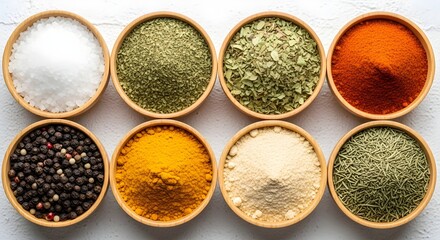 Overhead view of eight wooden bowls filled with various spices and seasonings