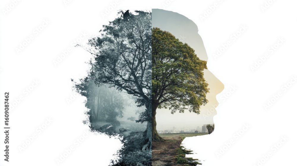 Poster creative split-face concept showcasing a half-brain and half-nature representation with an empty rig