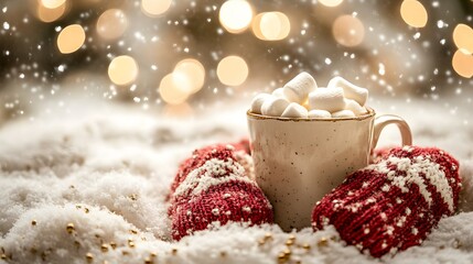 A cozy winter scene with hot cocoa, marshmallows, and knitted mittens against a backdrop of white snow and golden bokeh