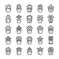 Vector art of a diverse collection of simple line art icons depicting various potted plants and succulents