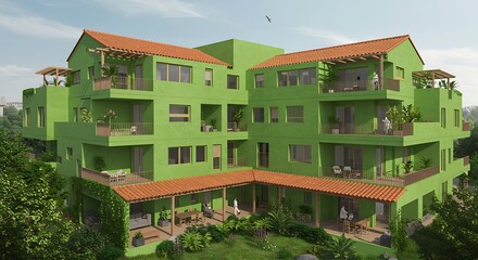 Unique Green Residential Building with Terraces, White Shutters, and Terracotta Roof – Architectural Design and Urban Nature