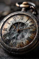 Obraz premium Time Stopped: Weathered Pocket Watch Frozen Amidst Ash Covered Silence