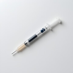 Fototapeta premium Vaccine syringe with paw print icon on plain white surface, space for text. Pet care, vaccination and veterinary concept