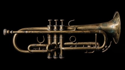 Obraz premium Aged brass trumpet, tarnished, dark background