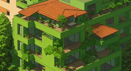 Digital Art of Green Residential Apartment with Red Roof and Outdoor Living Spaces – Nature-Integrated Urban Design