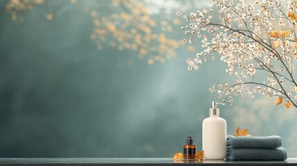 Relaxing spa essentials serene nature background product display calm environment close-up view wellness concept for self-care