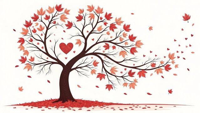 Whimsical autumn tree with heart shaped leaves and falling leaves