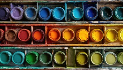 Colorful paint containers in wooden compartments