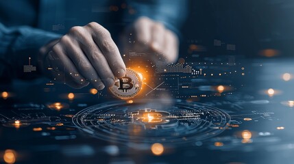 Investing in cryptocurrency bitcoin transactions digital finance futuristic workspace close-up perspective innovative concepts