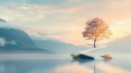 Serene reflection of a tree on water enchanted landscape digital art peaceful environment dreamy viewpoint nature's beauty