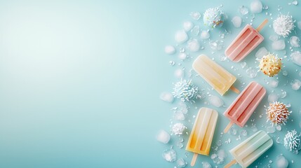 Colorful ice cream popsicles on icy background summer treats food photography refreshing environment close-up perspective