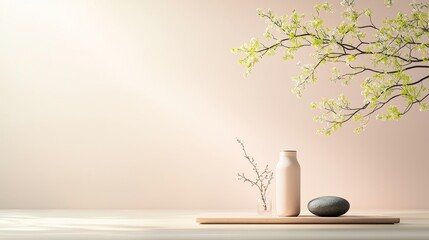 Minimalist still life with branch and stone soft background photography calm environment natural light serenity concept
