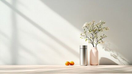Minimalist still life with flowers and oranges indoor setting art photography natural light modern aesthetic