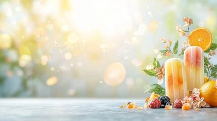 Refreshing summer treats colorful popsicles with fresh fruits outdoor garden setting food photography bright and inviting atmosphere