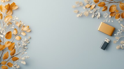 Elegant autumn decor with usb and power bank minimalist background flat lay arrangement calm atmosphere creative perspective