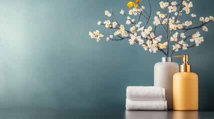 Decorative home spa arrangement with floral accents calm indoor setting still life photography relaxing ambiance