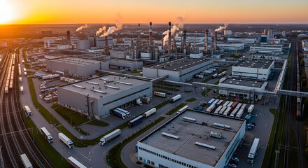 Vast industrial complex at sunset, showcasing numerous buildings, transportation infrastructure, and active production.