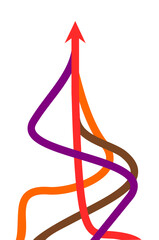 Colorful lines in orange with red and purple intertwine and converge to form single upward pointing arrow against on white background, Arrows in same direction rising to suggesting growth or progress