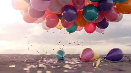 Colorful balloons falling and scattering confetti on a beach