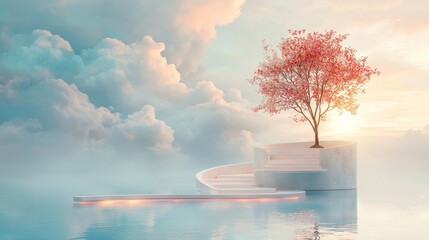 Serene cherry blossom tree tranquil water setting digital art ethereal atmosphere dreamy perspective