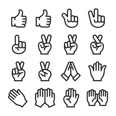 Fototapeta premium Vector art of an extensive array of hand gestures and signs, including thumbs up, pointing, peace, rock on, and praying hands
