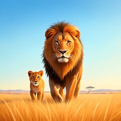 Male Lion and Cub Walking Through Dry Grass Under Blue Sky – Wildlife Bond and Nature Concept