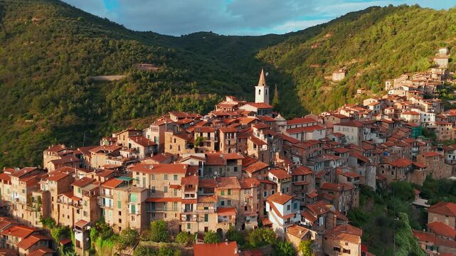 Aerial view of the picturesque hilltop town of Apricale, Liguria, Northern Italy