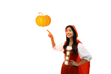 Girl choosing a pumpkin for Halloween isolated on transparent or white background, png