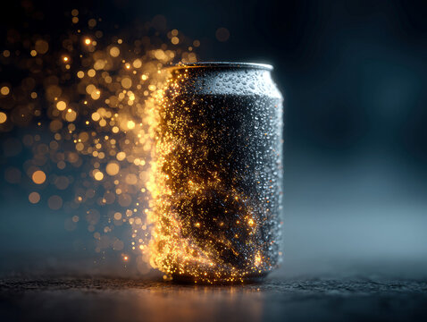Close-up image of a glowing soda can against a dark background, filled with energy particles metaphor - AI-Generated - Powered by Adobe