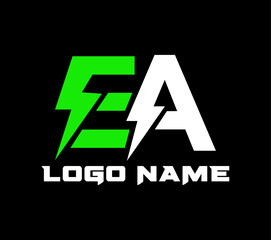 EA Letter Logo with Green Lightning Bolt on Black