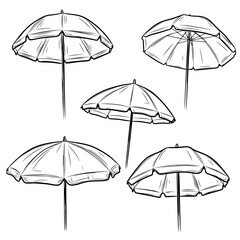 Fototapeta premium A vector illustration displays five hand-drawn style black and white beach umbrellas, depicted from various angles and perspectives, with subtle shading.