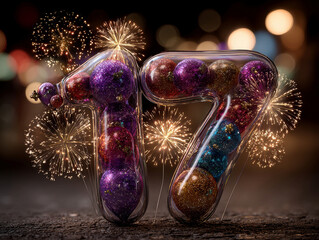 Large, illuminated number 17 on black backdrop, floating in colorful helium balloons confetti with a blurred cityscape in the background, celebratory mood - AI-Generated