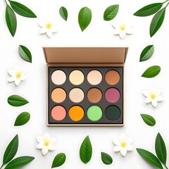 Open Eyeshadow Palette with Vibrant Colors Surrounded by Green Leaves and White Flowers – Beauty and Nature Fusion Image