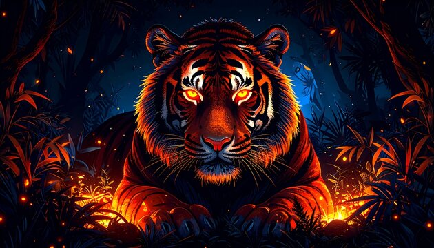 Fierce tiger in glowing jungle