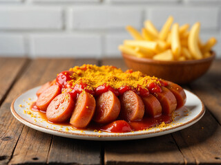 Currywurst mit Pommes und Tomatensoße