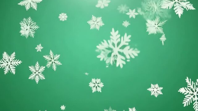 Falling White Snowflakes on a Green Background for Winter Holiday and Christmas Design