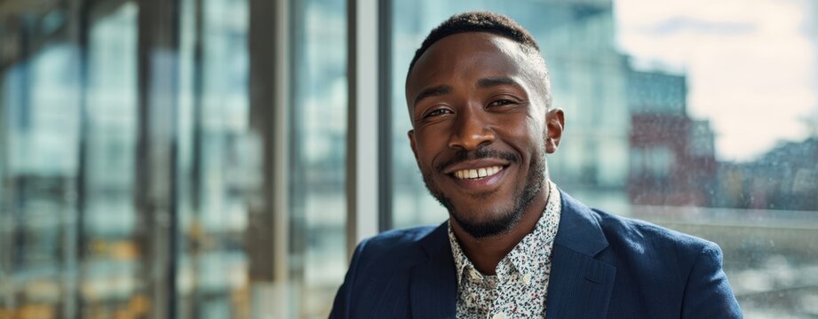 The confident professional man smiling in a modern urban office setting.