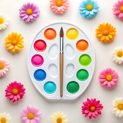 Colorful Paint Palette with Brush Surrounded by Vibrant Flowers – Artistic Inspiration and Creative Workspace Image
